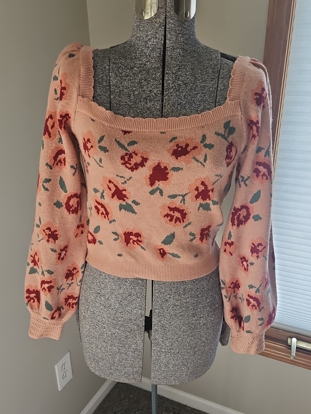 Willow & Wind Floral Square Neck Lantern Sleeve Sweater